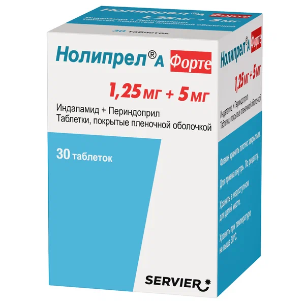 Нолипрел А форте, таблетки покрыт. плен. об. 1.25 мг+5 мг, 30 шт.