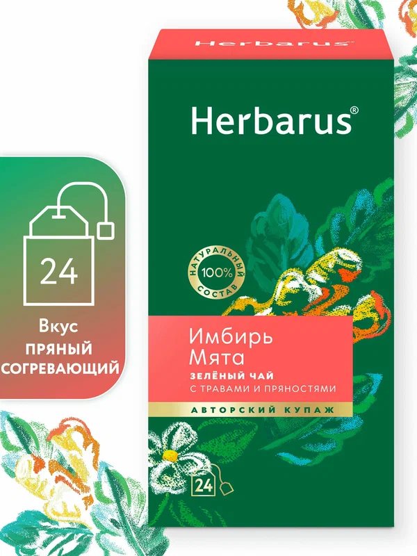 Чай зеленый с добавками Herbarus, Имбирь и Мята, 24 пакетика