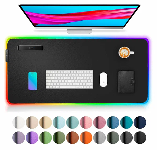 Коврик для мыши и клавиатуры с RGB подсветкой 40 см х 80 см , защитный, большой, водонепроницаемый, кожаный, черный