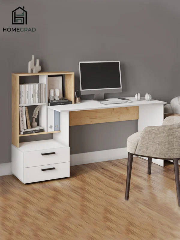 Компьютерный стол КМ-5 HomeGrad, ЛДСП, 165x60x110,5 см, белый/дуб крафт золотой