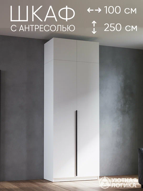 Шкаф для одежды распашной с ручкой 100*250*50 см, ЛДСП, белый
