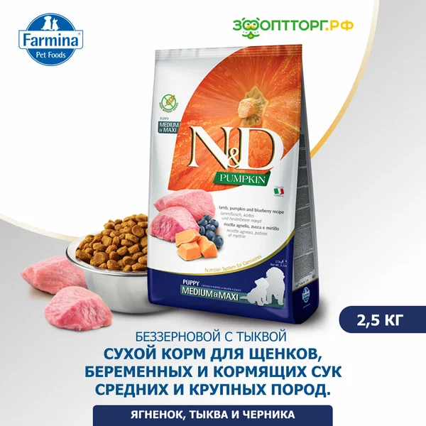 Сухой корм Farmina N&D Dog GF Pumpkin Puppy Medium&Maxi для щенков средних и крупных пород Ягненок, тыква и черника, 2,5 кг.