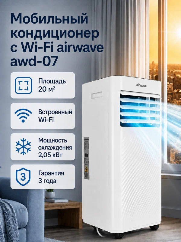 Мобильный кондиционер Airwave AWD-07PCW до 20 кв м, Wi-Fi управление, Bluetooth, пульт ДУ, охлаждение, R290, белый