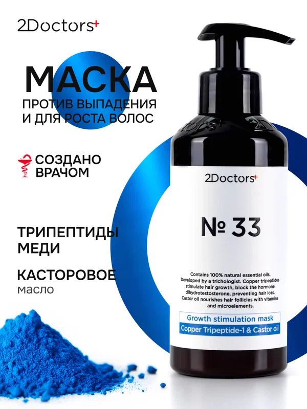 Маска для роста волос и против выпадения №33 "Трипептиды меди + Касторовое масло", 250мл