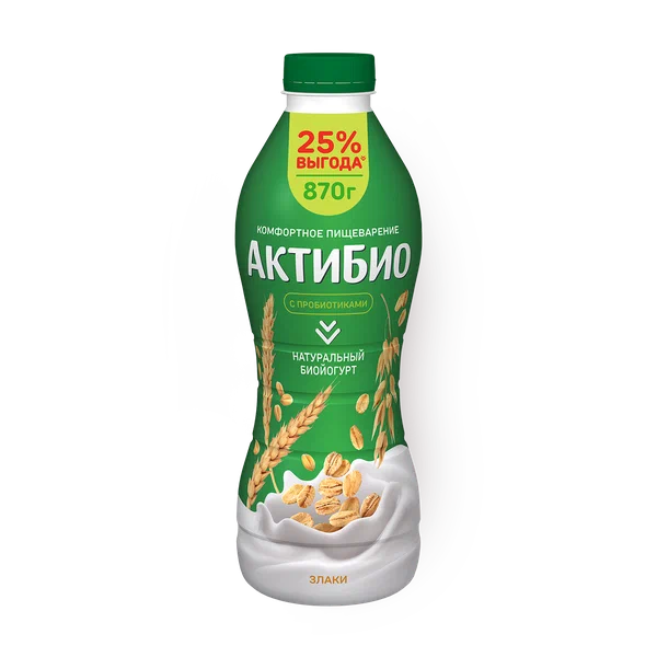 Биойогурт АктиБио Злаки, питьевой, 1,6% жирности, пластиковая бутылка, 870 г