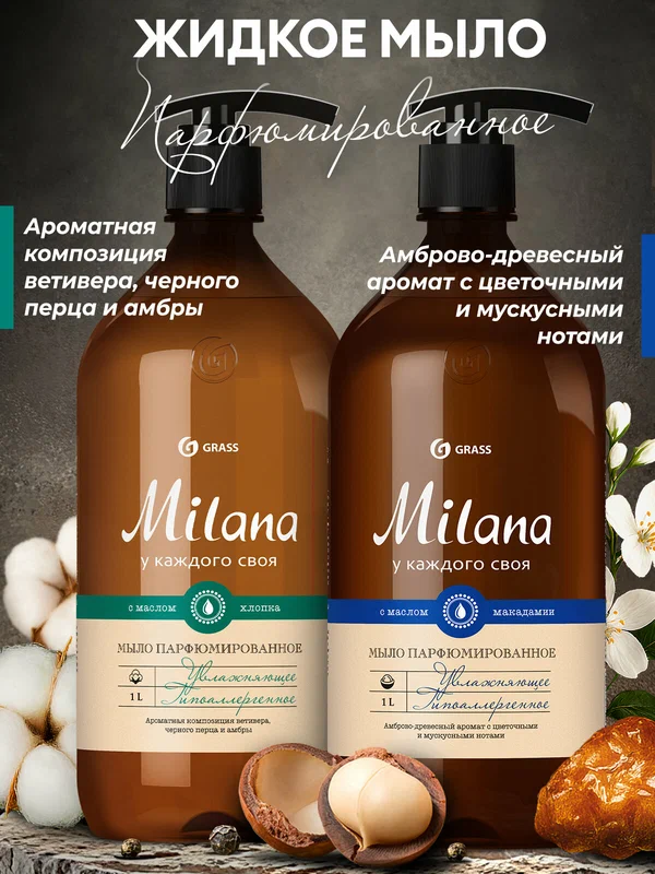 Набор Жидкое мыло для рук GRASS Milana , Мускус и Сандал 1л, Амбра и пачули 1л