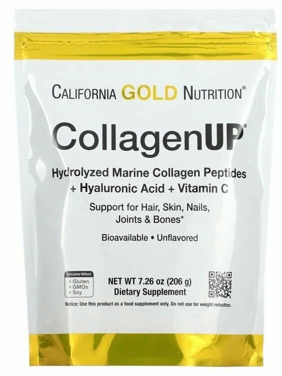 100% iHerb - Коллаген Морской гидролизованный , гиалуроновая кислота и витамин C, с нейтральным вкусом, California Gold Nutrition, Collagen UP, 206г