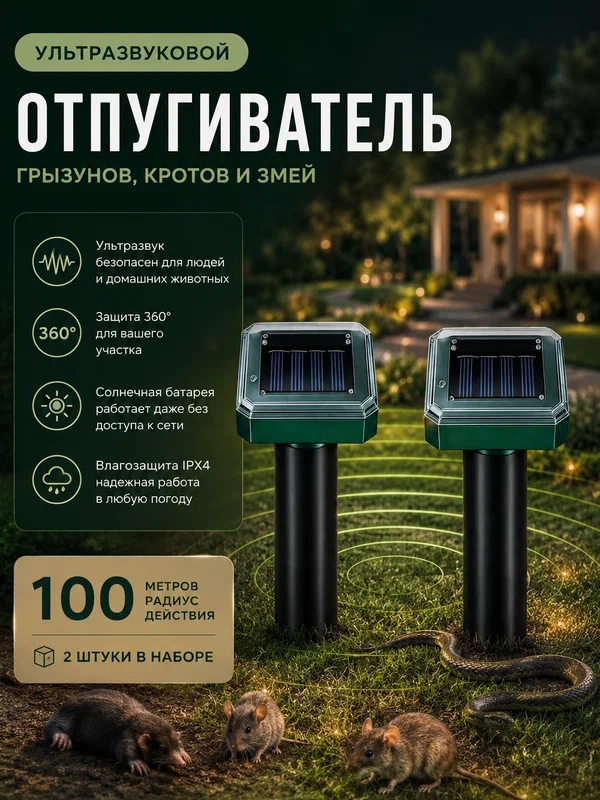 Отпугиватель ультразвуковой для грызунов и кротов, на солнечной батарее, 2 шт, радиус 100 м