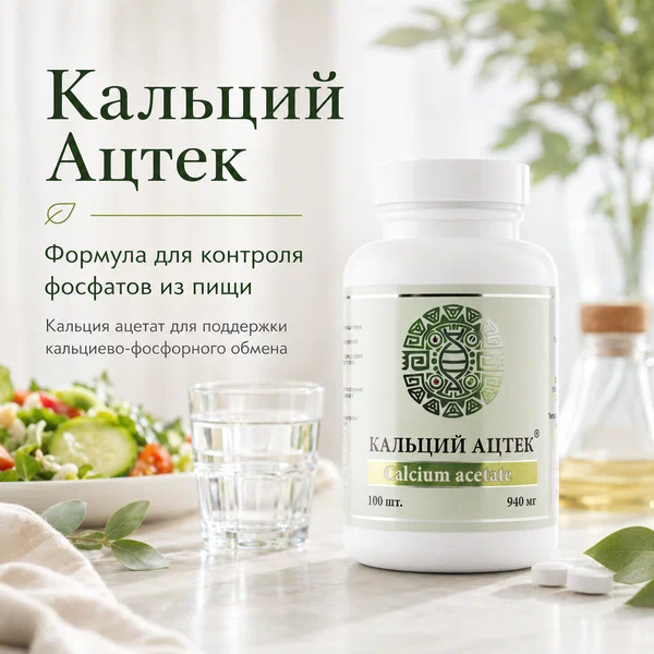 Кальций ацтек №100 х 940мг, фосфатбиндер, регулятор кальциево-фосфорного обмена, минеральный баланс