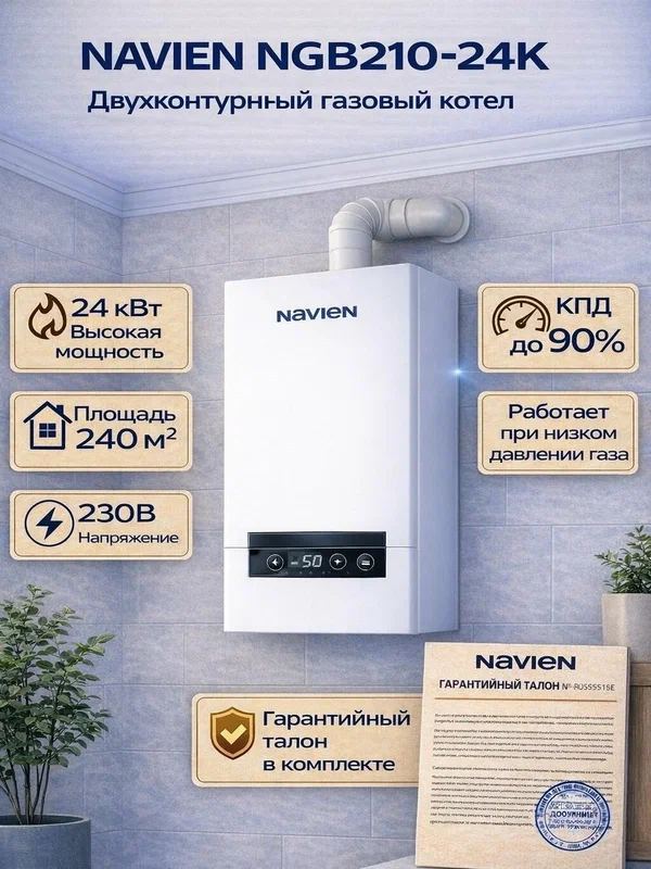 Газовый котел Navien Heatluxe NGB 210, настенный, двухконтурный, 24кВт,