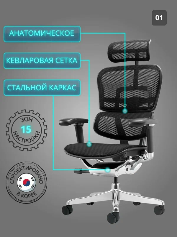 Офисное кресло FALTO Ergohuman 2 ST Elite черное, с функцией натяжения сетки, с подголовником, с поясничной поддержкой