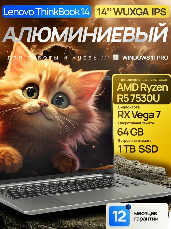 14" Ноутбук Lenovo ThinkBook 14 Gen 6, AMD Ryzen 5 7530U (4.5 ГГц), RAM 64 ГБ, SSD 1 ТБ, AMD Radeon RX Vega 7, Windows 11 Pro + Office 2021 Pro Plus, Русская раскладка, ЕАС