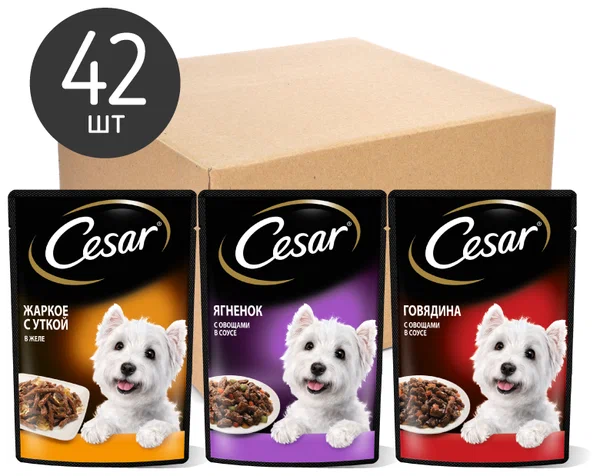 Влажный корм для собак Cesar набор 3 вкуса, в желе и в соусе, 42 шт по 85 г
