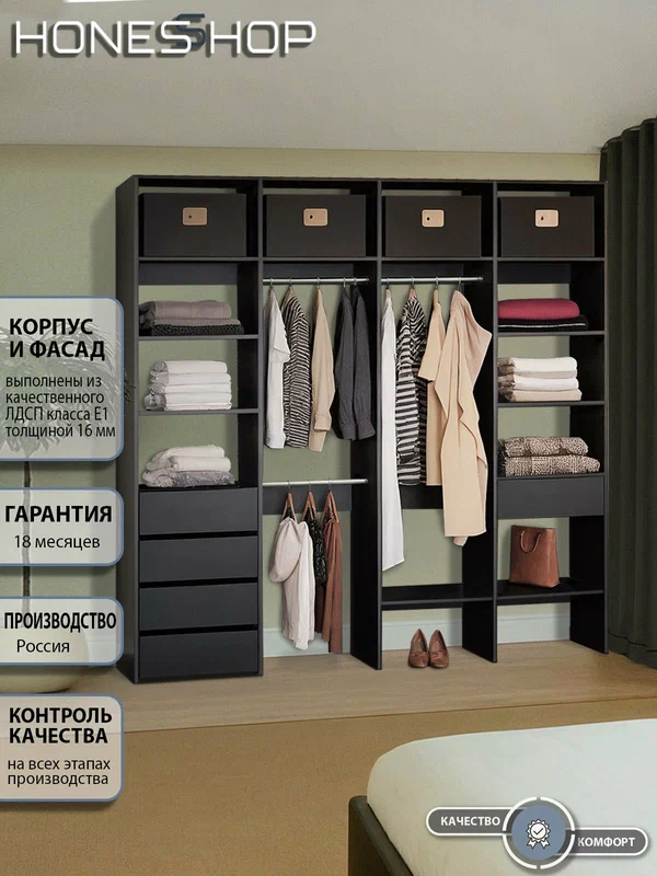 Honesshop Гардеробная Страйп 4.1 ЛДСП черный шагрень, 170х40х240