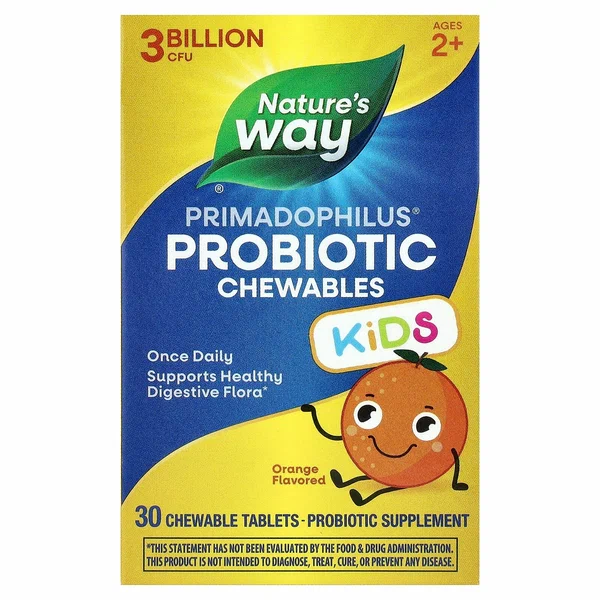 Nature's Way, Primadophilus, для детей от 2 до 12 лет, вкус апельсина, 3 млрд КОЕ, 30 жевательных таблеток