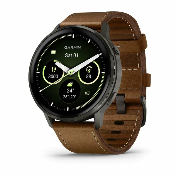 Умные часы Garmin Venu 4 - 45 мм, темно-серый с коричневым кожаным ремешком