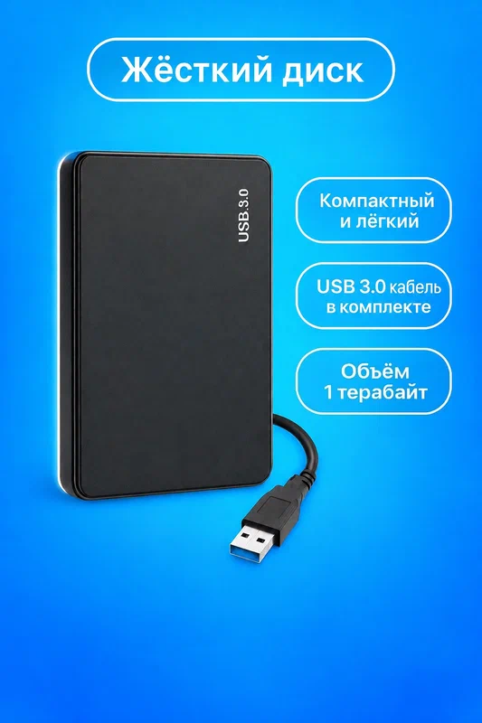 Внешний портативный HDD 2.5 жёсткий диск 1 ТБ (1000 гб) USB 3.0 для ноутбука компьютера ps4 телевизора