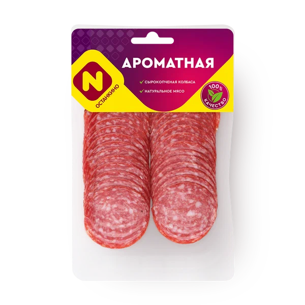 Колбаса Останкино "Ароматная", сырокопченая, нарезка, вакуумная упаковка, 100г