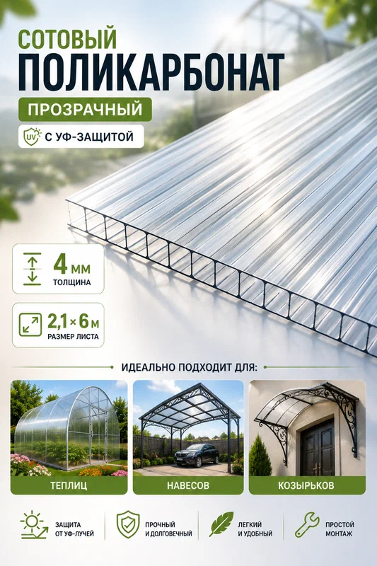Сотовый поликарбонат прозрачный 4 мм, 2,1×6 м, с УФ-защитой для теплиц, навесов и козырьков