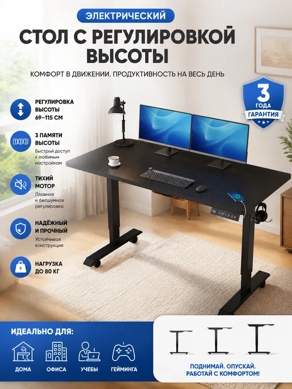 Стол для компьютера с электроприводом, QI-зарядкой и USB-портами FoxGear FG-ED-55W