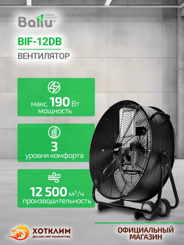 Вентилятор Ballu BIF-12DB, осевой, мощность 190 Вт, регулировка наклона, чёрный, 12 500 м3