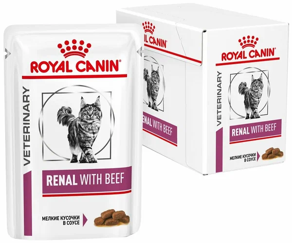 Влажный корм для кошек Royal Canin Renal with beef, при проблемах с почками, с говядиной 12 шт. х 85 г (кусочки в соусе)