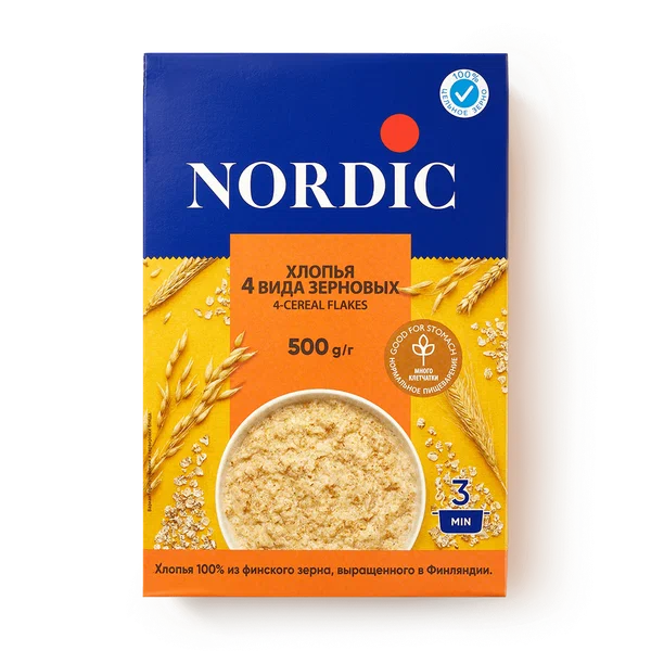 Хлопья 4 вида зерновых Nordic, 500 грамм (без ГМО, консервантов и ароматизаторов)