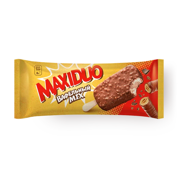 Мороженое Maxiduo "Вафельный микс", на палочке, в глазури, 63 г