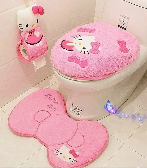 MINISO Sanrio Hello Kitty набор крышек для унитаза, Розовый，Плюс бархат