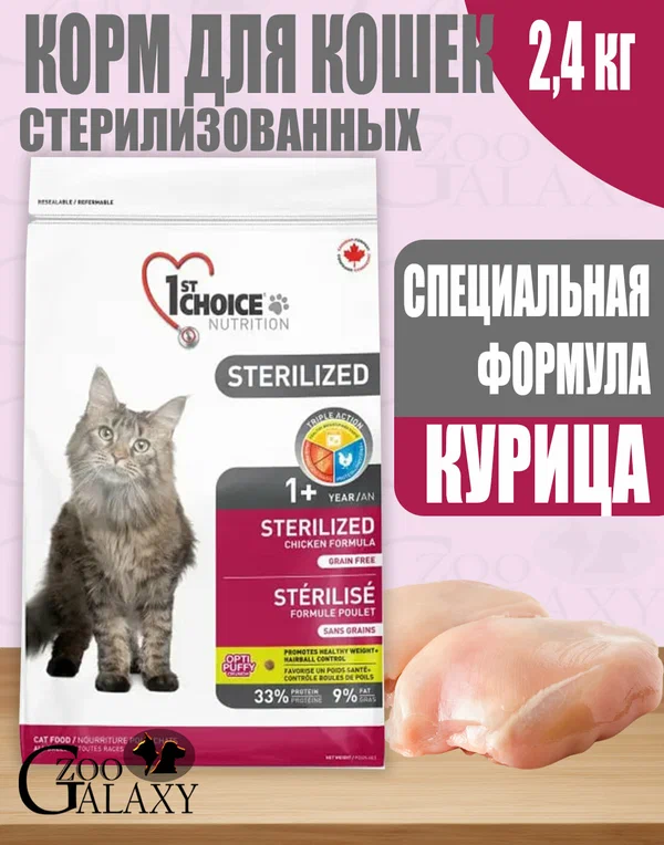 1st CHOICE Корм для кошек стерилизованных с курицей и бататом 2,4 кг