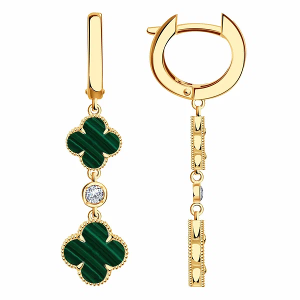 Серьги, красное золото, 585 проба, малахит