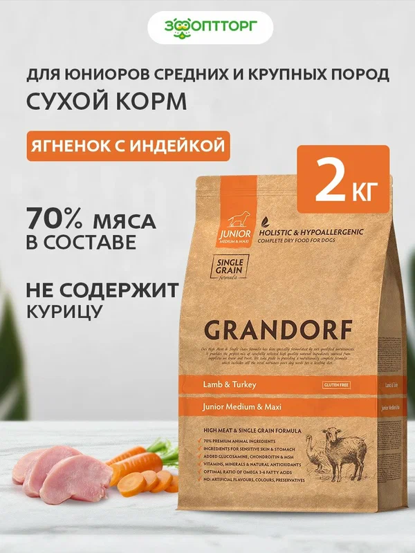 Сухой корм Grandorf Medium & Maxi Junior для юниоров средних и крупных пород Ягненок и индейка, 1 кг х 2 шт.