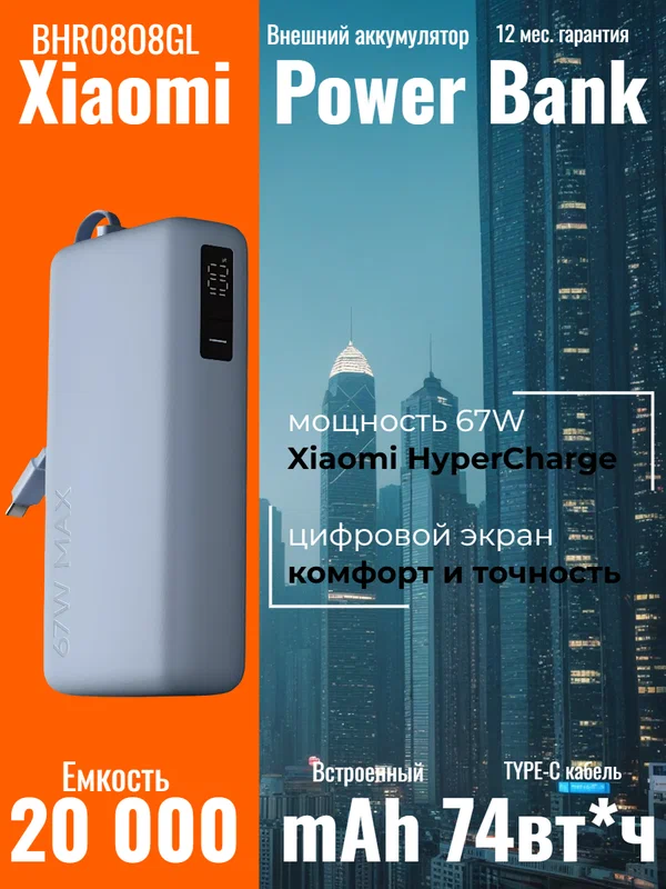 Внешний аккумулятор Xiaomi Power Bank 20000mAh 67W Ice Blue (BHR08O8GL) 12 мес. гарантия