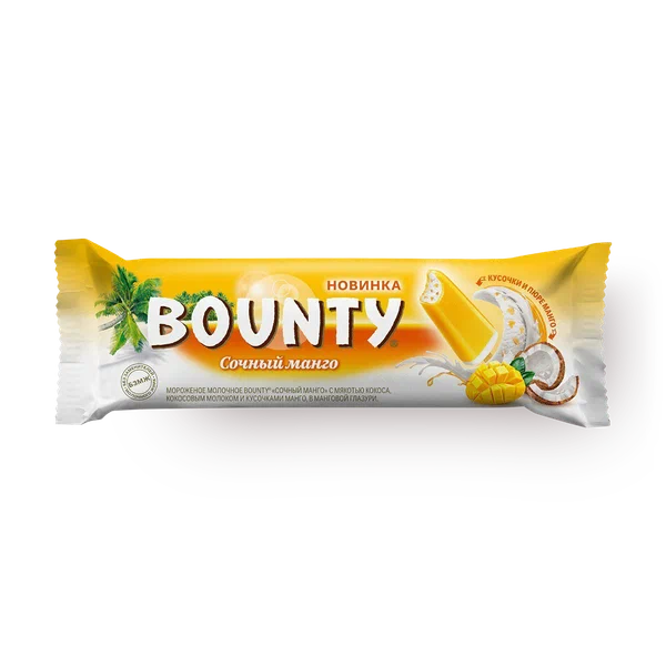 Мороженое Bounty "Сочный манго", эскимо, молочное, в глазури