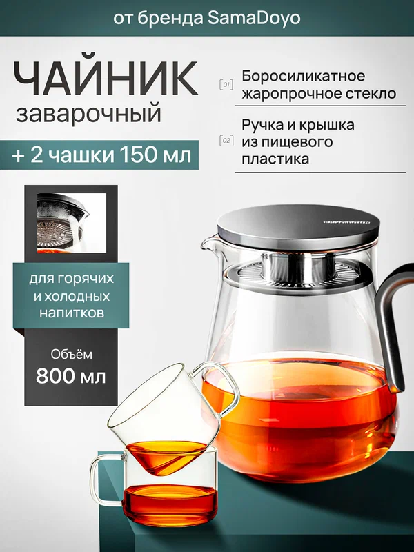 Комплект SamaDoyo Чайник заварочный из боросиликатного стекла 800 мл + 2 чашки для чая 150 мл