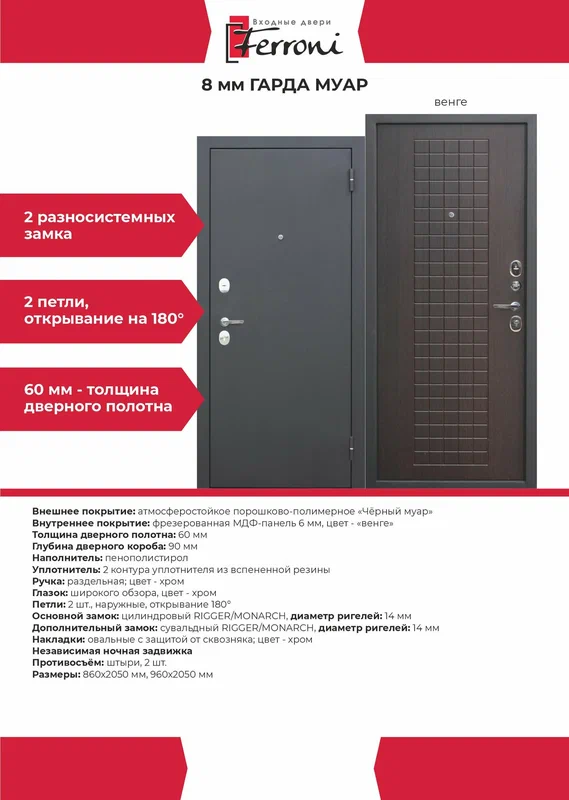 Входная дверь Ferroni Гарда Черный Муар - Венге (860мм) правая