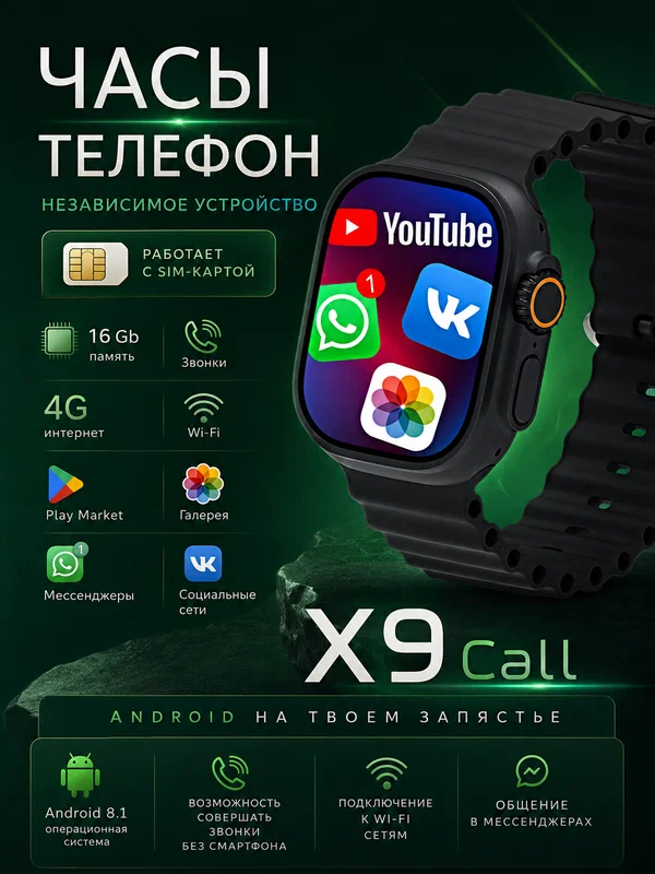 Смарт часы X9 CALL Умные часы 4G PREMIUM AMOLED, WiFi, GPS, Слот для SIM карты, Галерея, Браузер, Черный