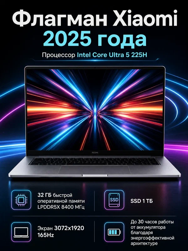 Ноутбук Xiaomi Redmi Book Pro 16" (2025), 3092x1920 165Hz, Ultra 5 225H, 32 ГБ/1 ТБ, Windows 11 Home, русская клавиатура