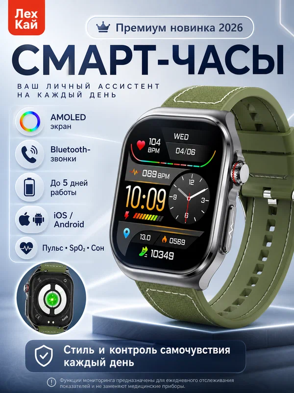 Умные часы с ЭКГ, анализом сахара в крови и давлением, AMOLED-экран,530 мАч, Новинка 2025
