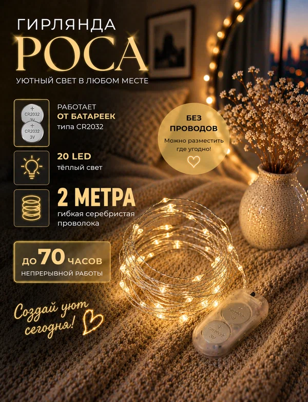 Гирлянда Роса LeDream 2м тёплый жёлтый от батареек 20 led для декора