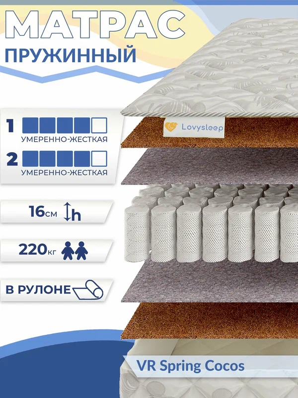 Матрас VR Spring Cocos 150х200 см, независимые пружины, 16 см, двуспальный, двусторонний, умеренно-жесткий, в рулоне