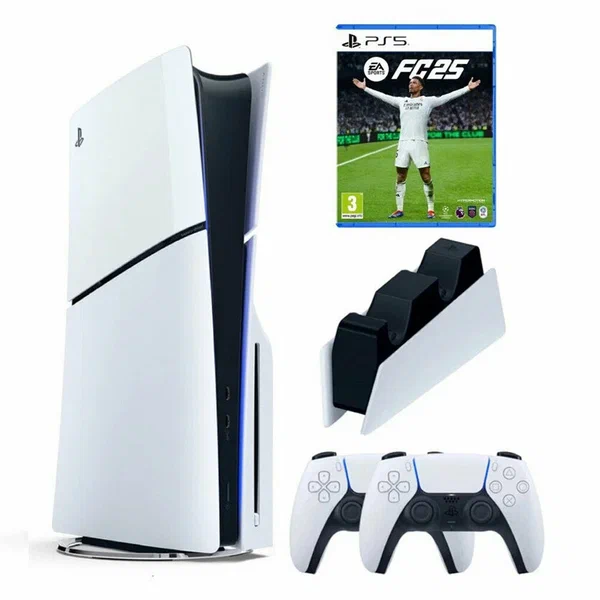 Игровая приставка Sony PlayStation 5 Slim, с дисководом, 1 ТБ, зарядная станция, два геймпада, игра Fifa 25