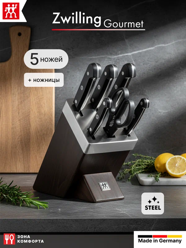 Набор ножей кухонных Zwilling Gourmet, 7 предметов, с затачивающим блоком, Германия