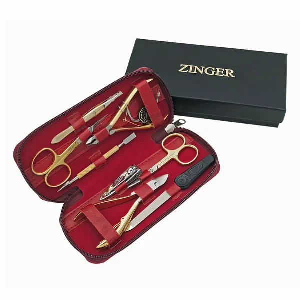 Маникюрный набор Zinger 7106 G, 8 предметов, медицинская сталь, позолоченный/красный лак