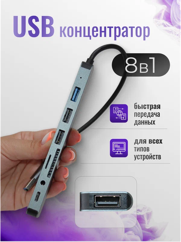ХАБ Разветвитель 8 в 1 HUB /переходник, концентратор адаптер / TF SD картридер для ноутбука, 8 портов