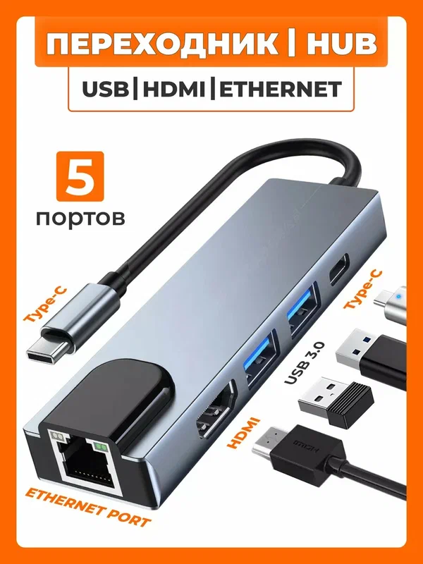 USB Hub Концентратор на 5 портов: USB, Type-C, HDMI, Ethernet. Разветвитель, хаб для ноутбука с Type-C, кабель 10 см