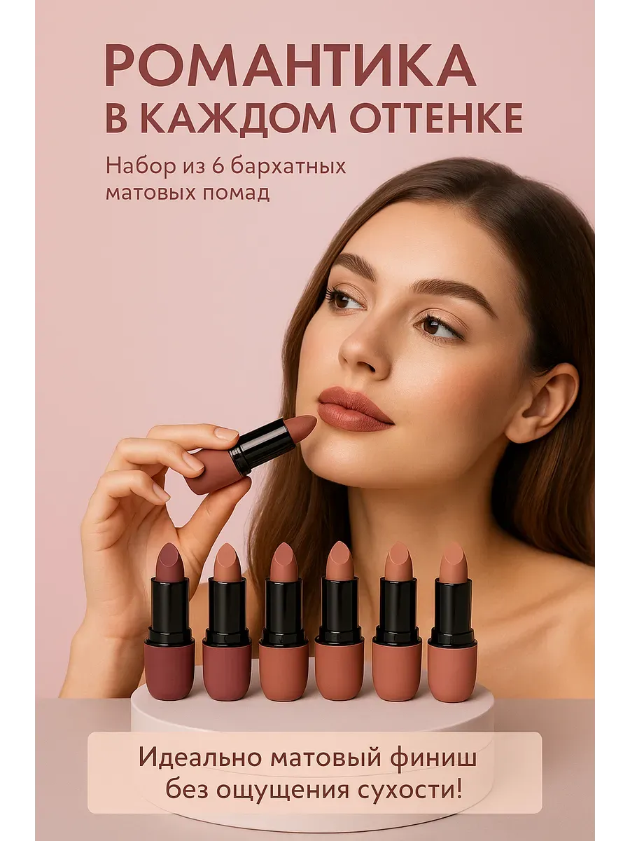 Бомани / Помада для губ набор нюдовые матовые 6 оттенков