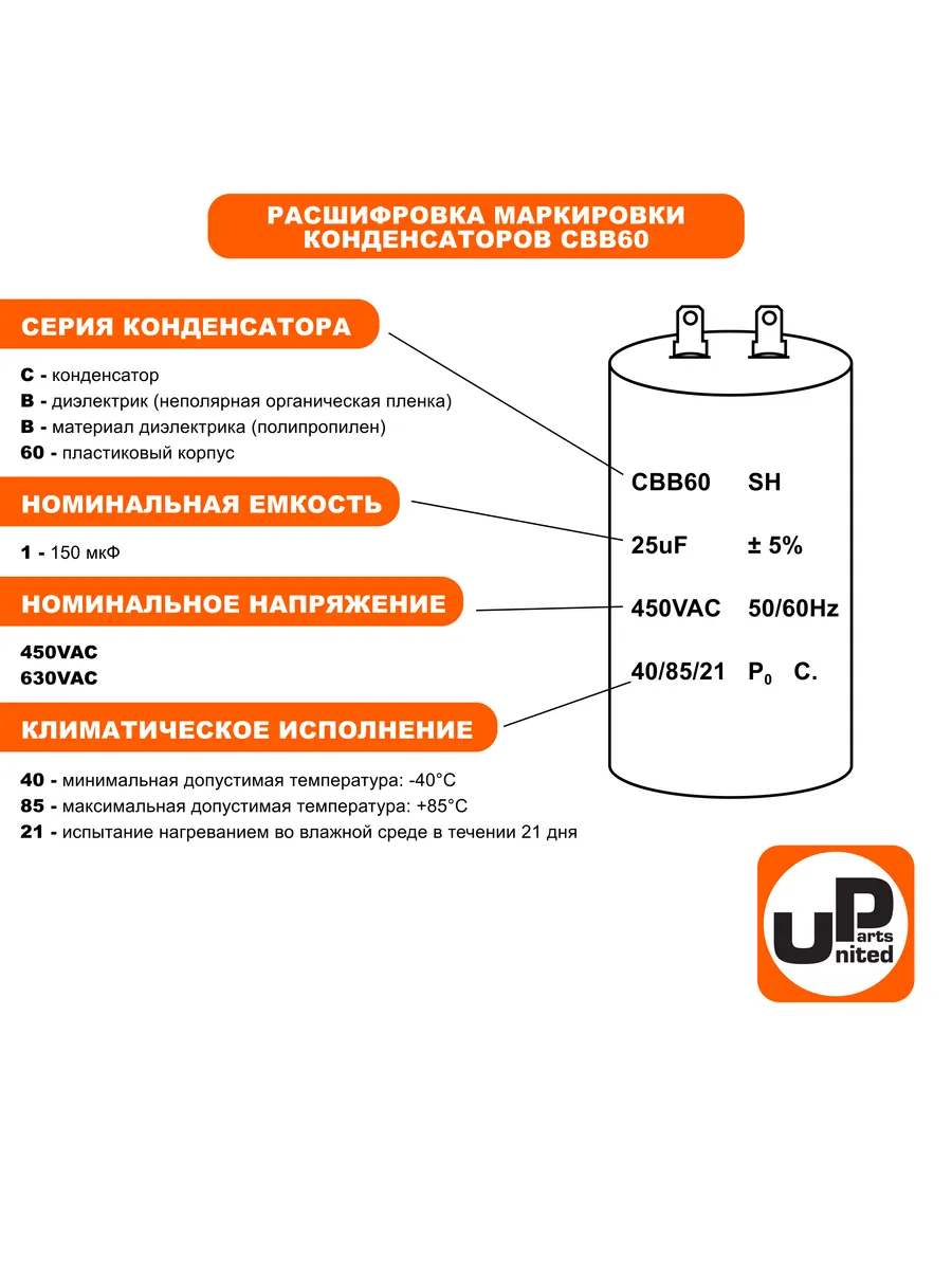 UNITED PARTS / Конденсатор CBB60, 10 мкФ, 450В, 2 клеммы, шт