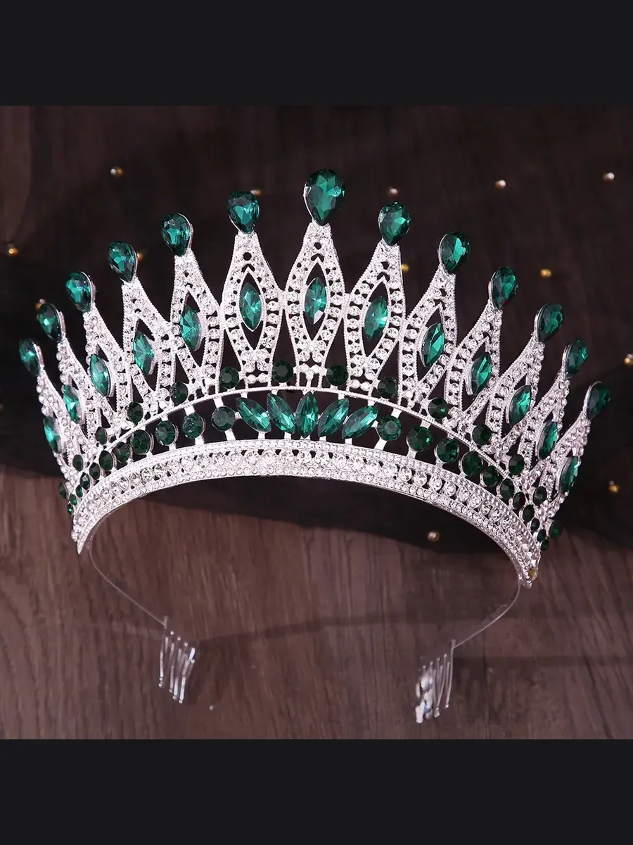 Wedding image / Высокая серебристая корона с зелёными кристаллами