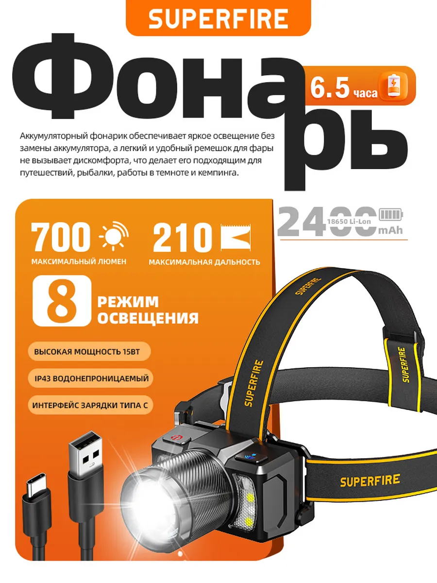 SuperFire / Фонарь налобный аккумуляторный HL25